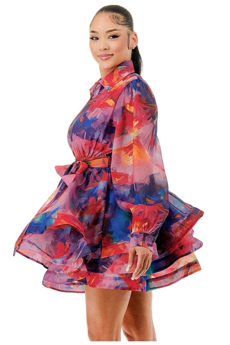Organza Collar Self Tie Ruffle Tiered Mini Dress