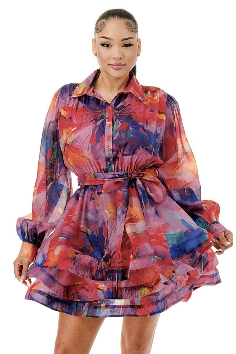 Organza Collar Self Tie Ruffle Tiered Mini Dress