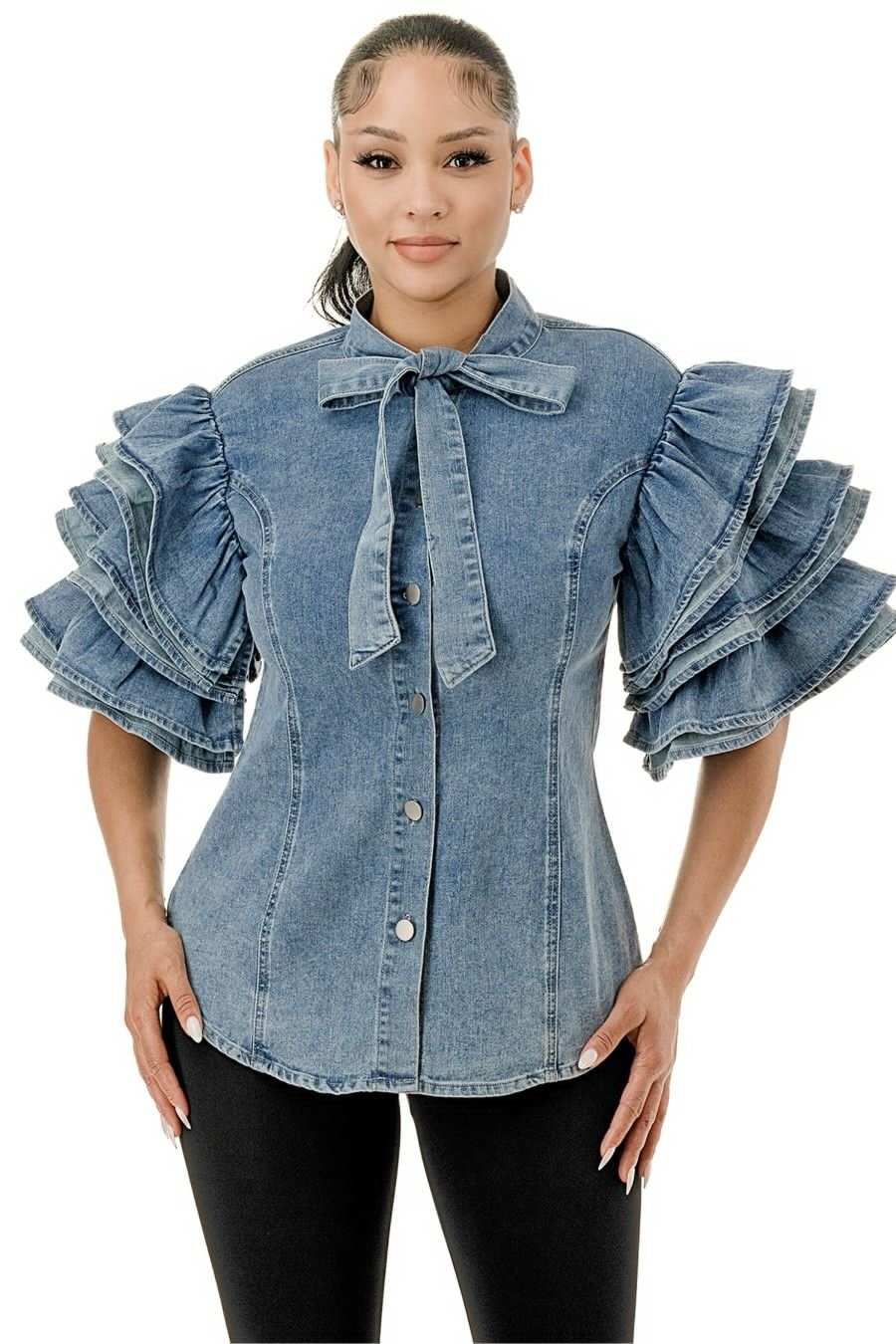 Denim Ruffle Sleeve Front Tie Top