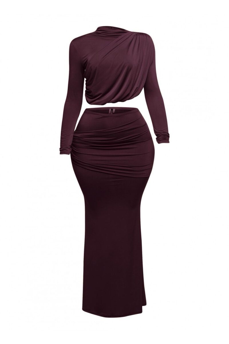 Shirring Detailed Long Sleeve Top & Long Skirt Set