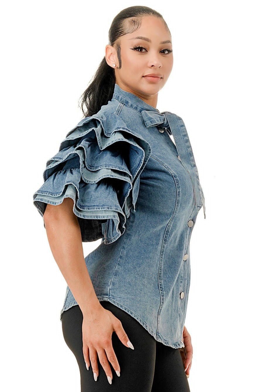 Denim Ruffle Sleeve Front Tie Top