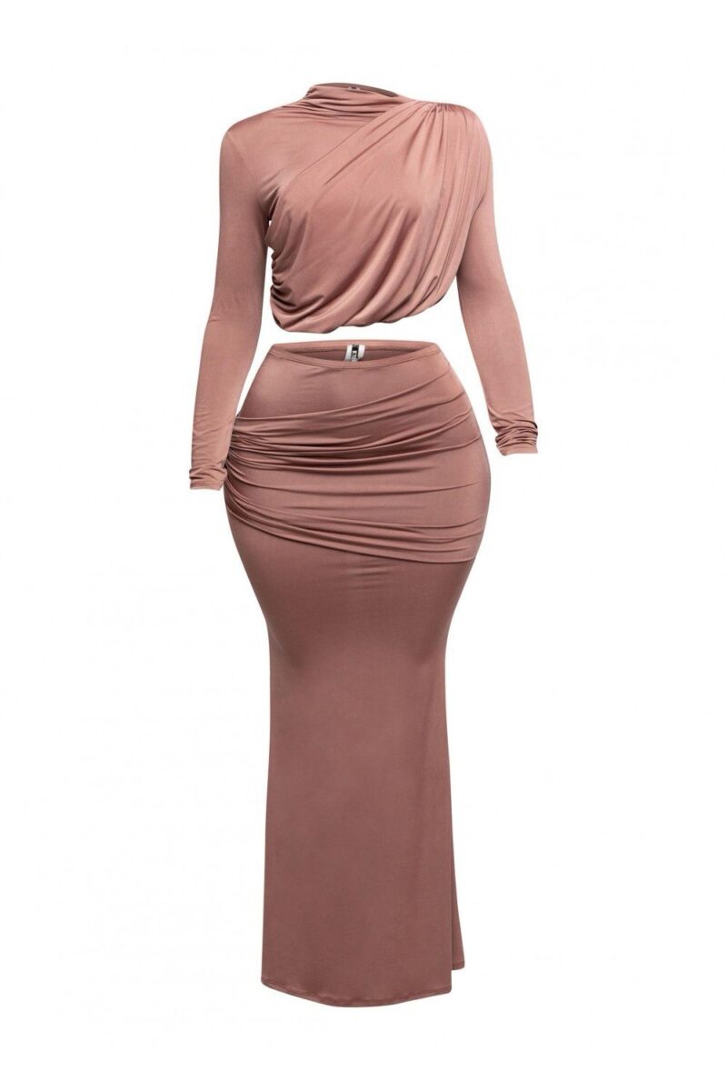 Shirring Detailed Long Sleeve Top & Long Skirt Set