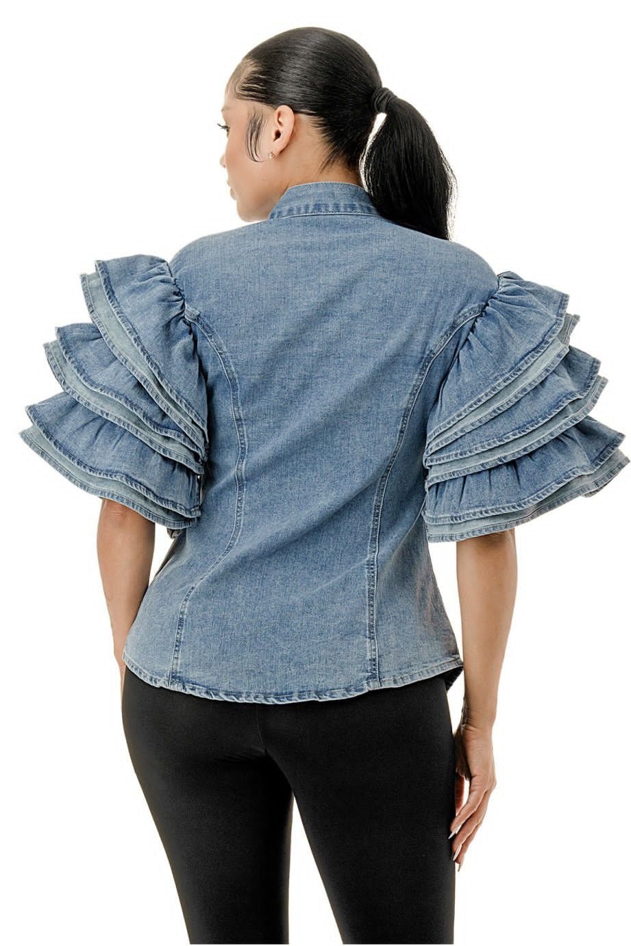 Denim Ruffle Sleeve Front Tie Top