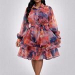 Organza Collar Self Tie Ruffle Tiered Mini Dress