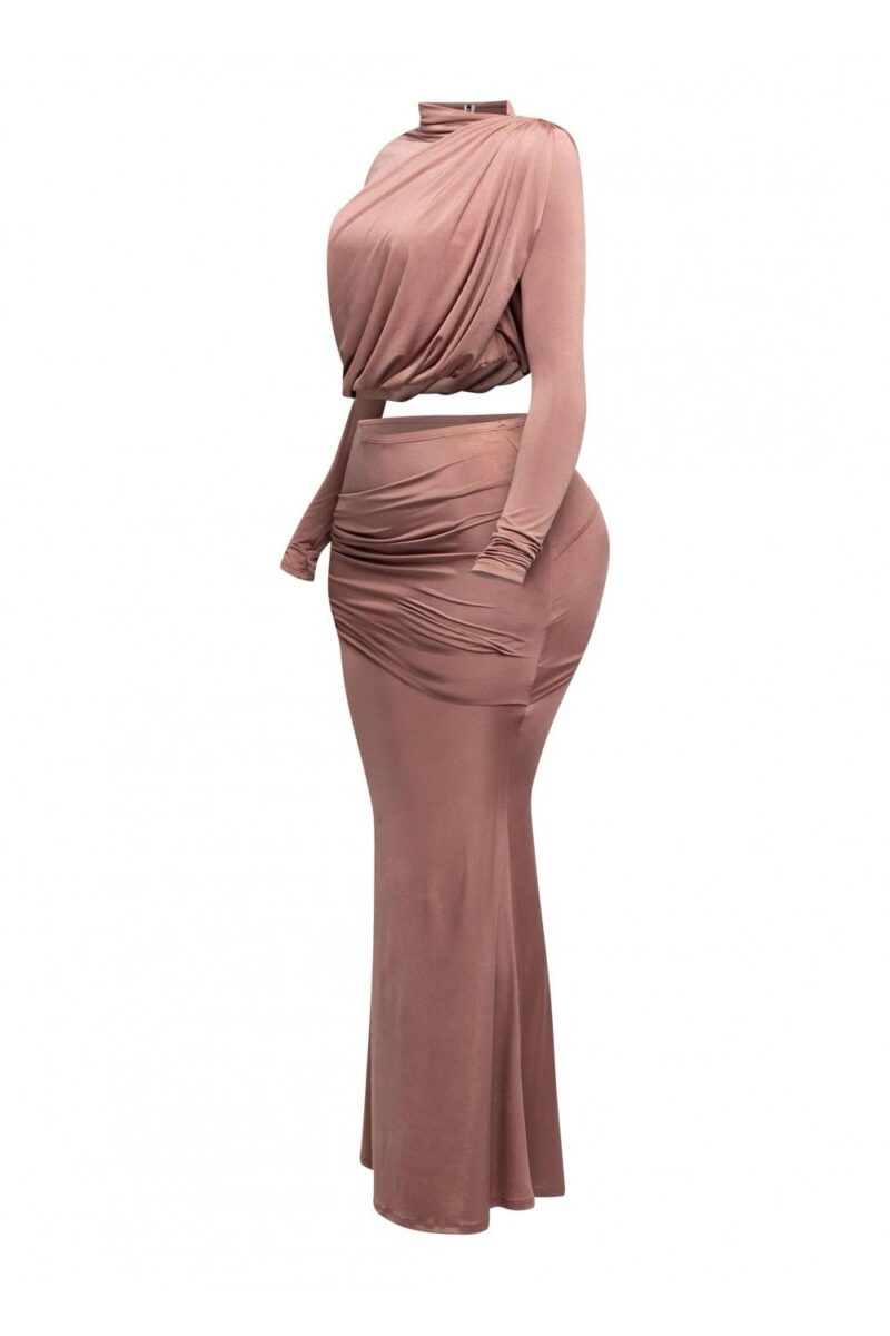 Shirring Detailed Long Sleeve Top & Long Skirt Set