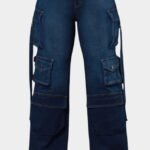 High Rise Multi Pockets Wide Leg Cargo Jeans