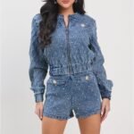 Washed Denim Jacket Pants Set With Crystal Embelli