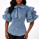 High-Neck Puff Sleeve Denim Top