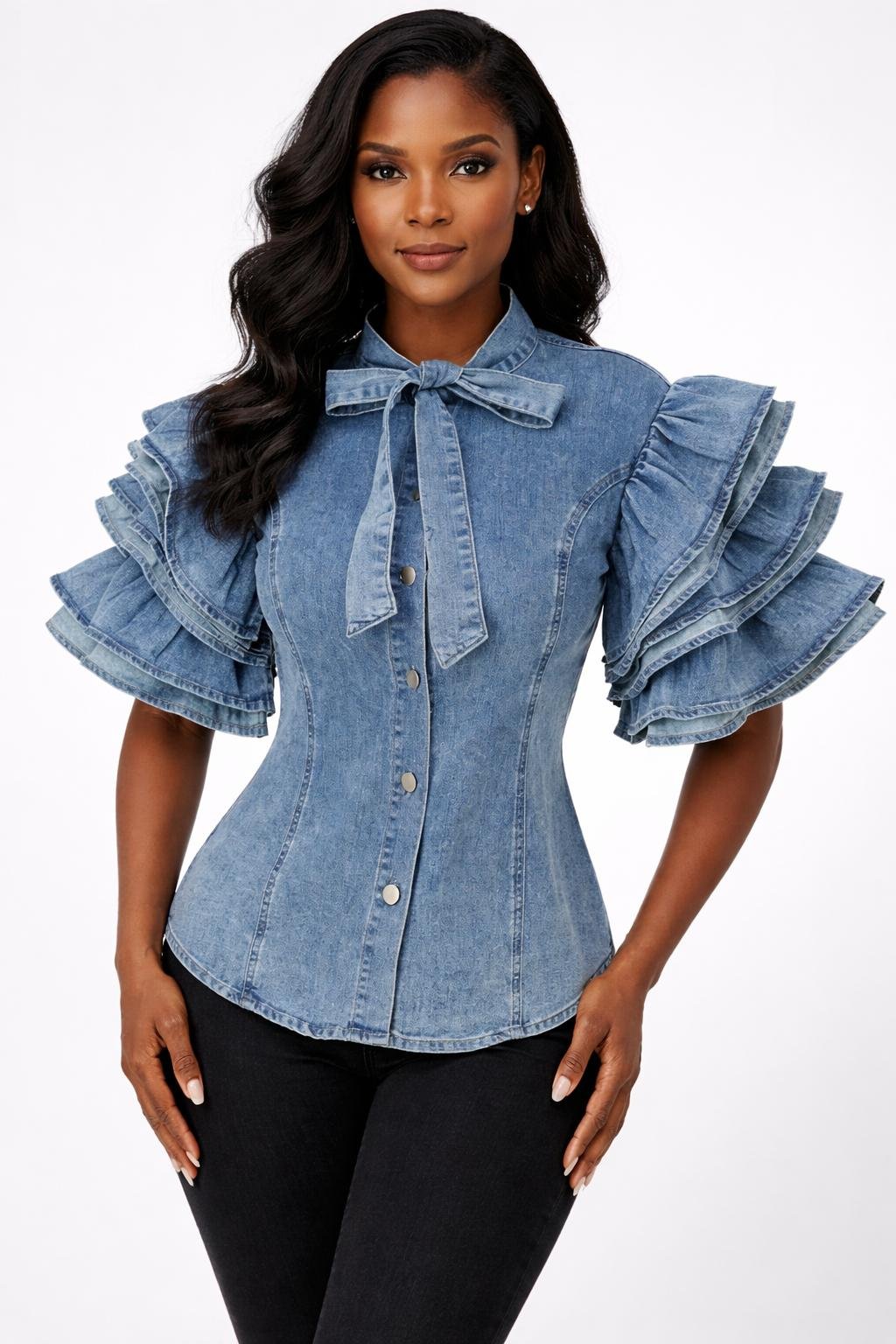High-Neck Puff Sleeve Denim Top