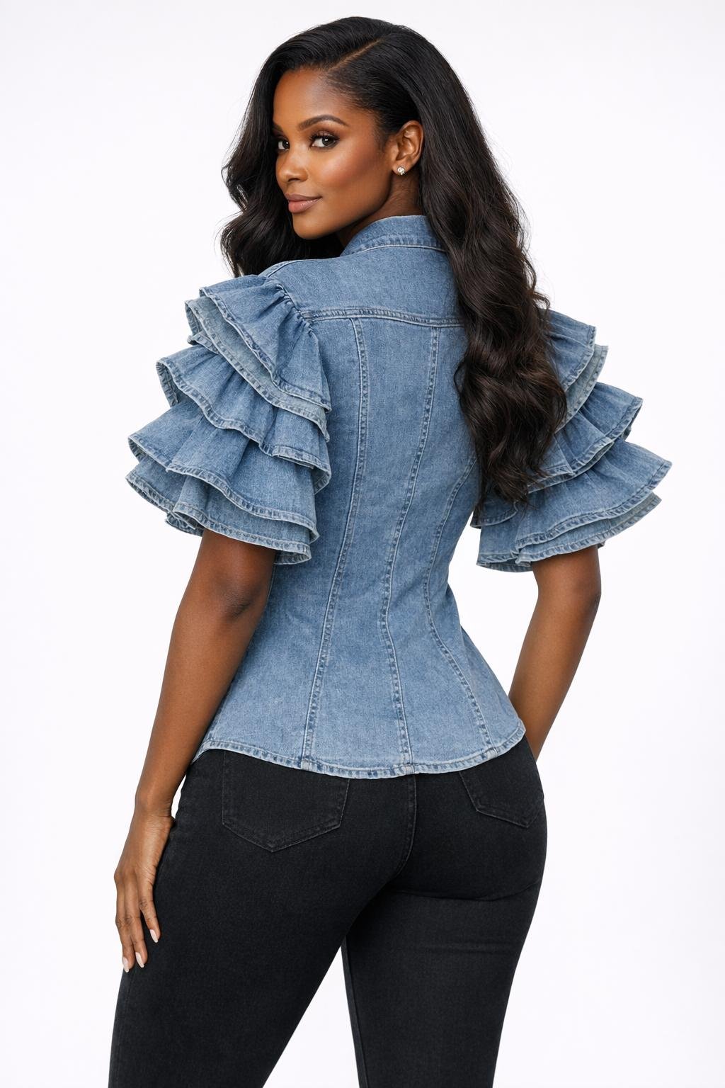 High-Neck Puff Sleeve Denim Top
