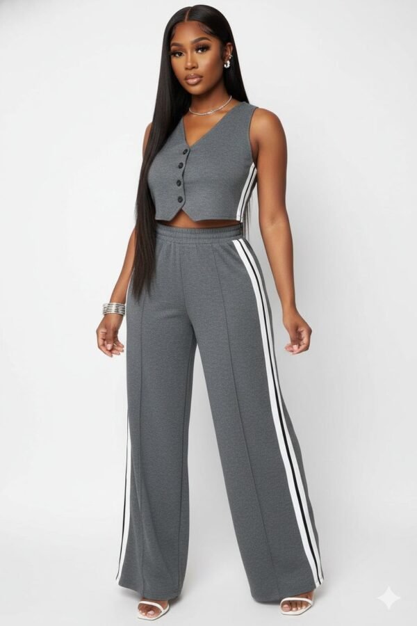 Striped Crop Button-Up Vest Sweat Pants Set