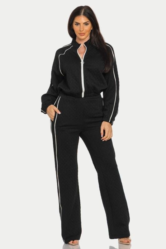 Piping Stripes Front Zip Up Jacket and Pants Set