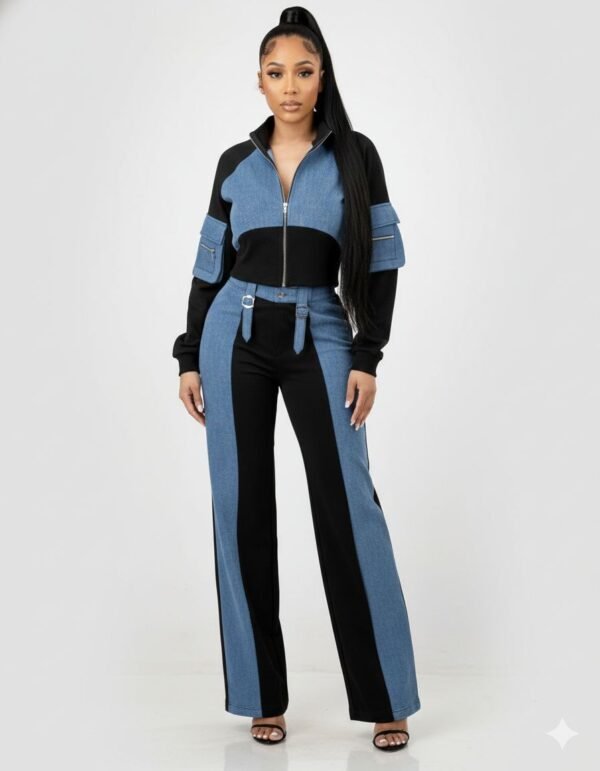 Mixed Media Zip Crop Jacket Pants Set