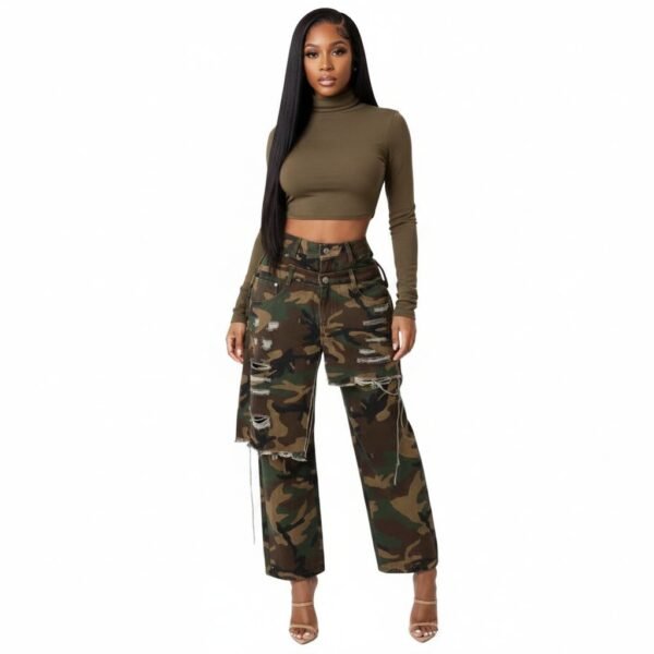 Camo Print Distressed Double Layer Pants