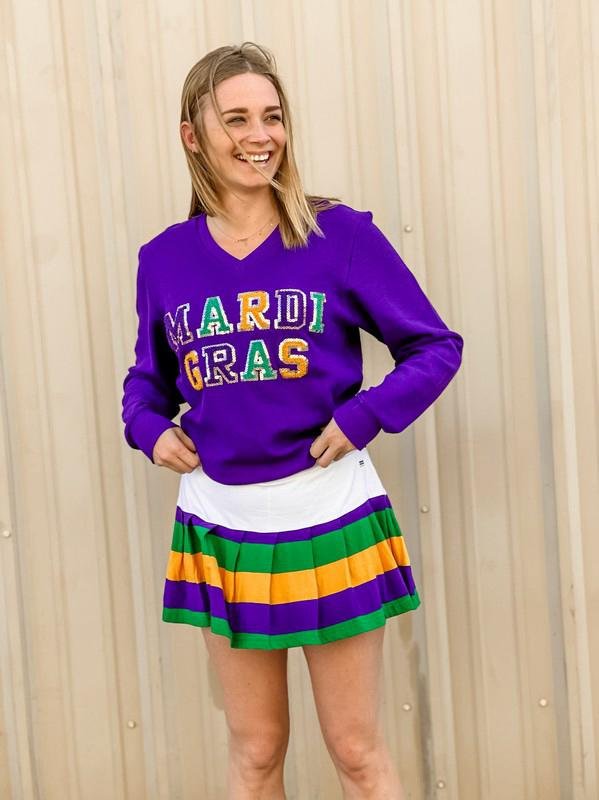 Adult Mardi Gras Sequin V Neck Sweater