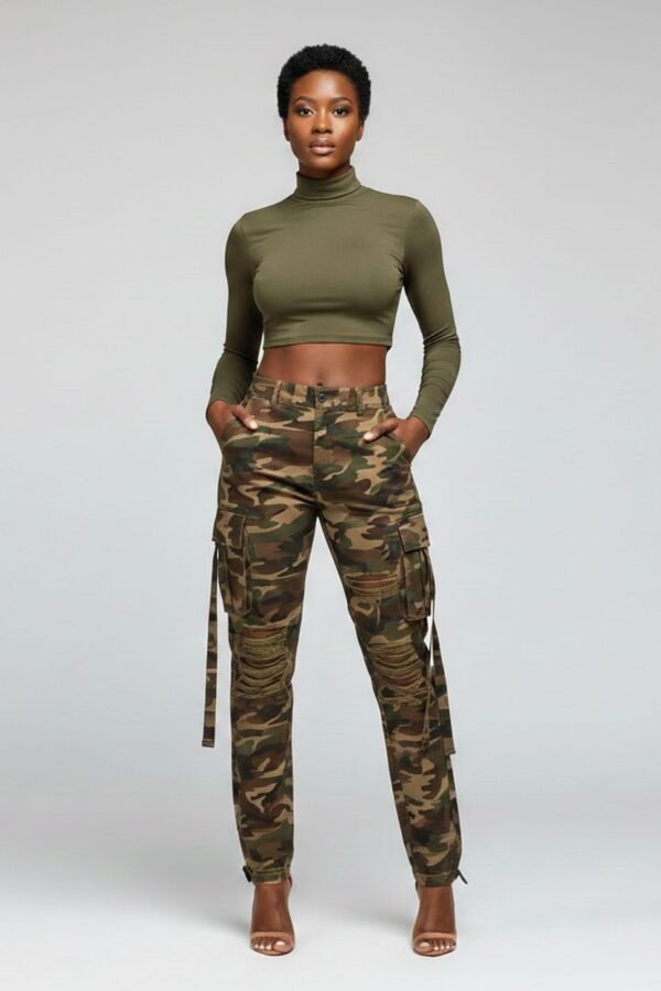 Camo Print Distressed Double Layer Pants