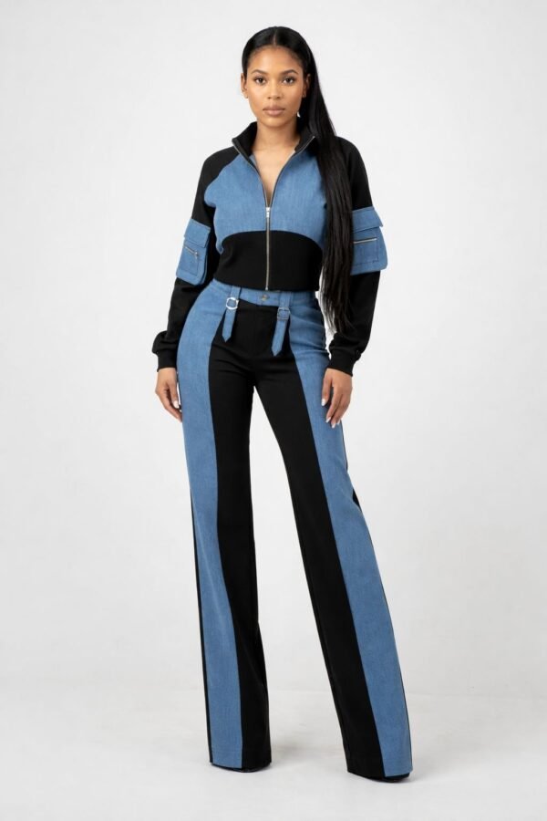 Mixed Media Zip Crop Jacket Pants Set