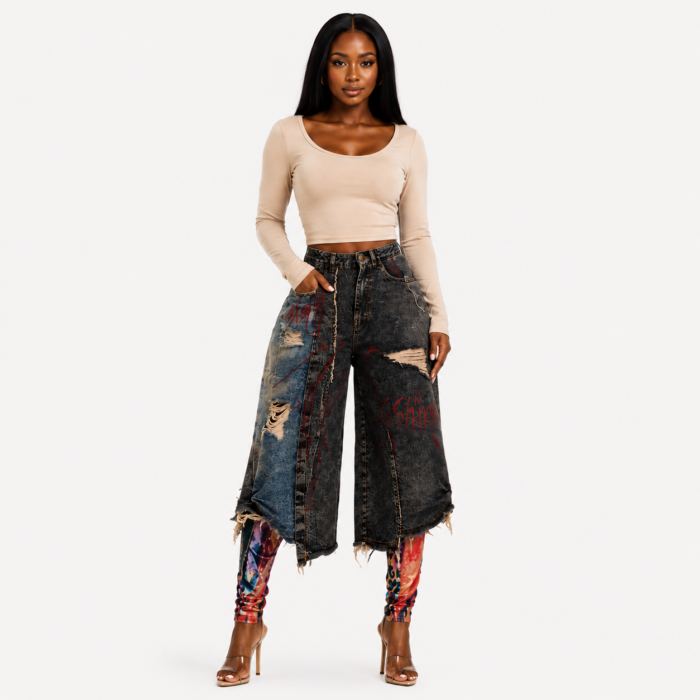 Distressed Bermuda Crop Pants with Tights