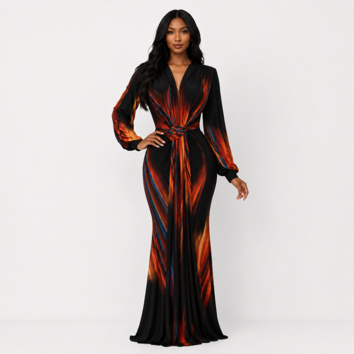Abstract Print Long Sleeve Maxi Dress