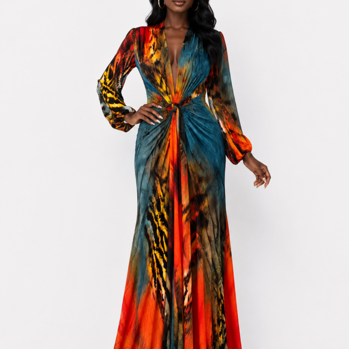 Abstract Print Long Sleeve Maxi Dress