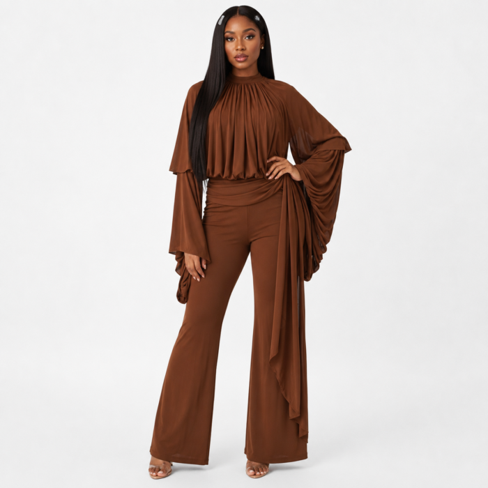 Bell Sleeve Mock Neck Jumpsuit With Drape
