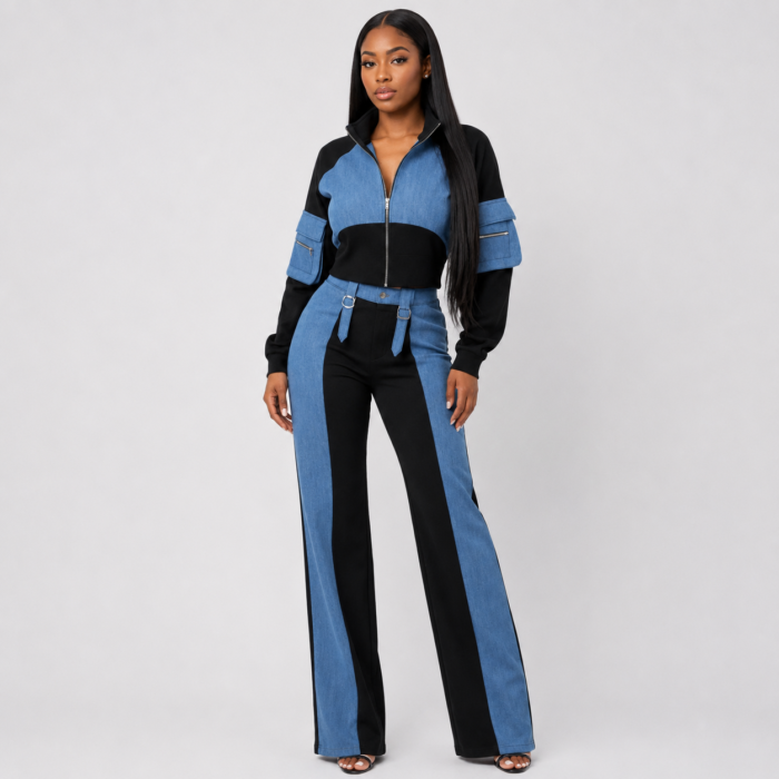 Mixed Media Zip Crop Jacket Pants Set