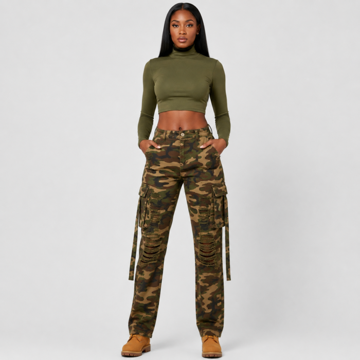 Camo Print Distressed Double Layer Pants