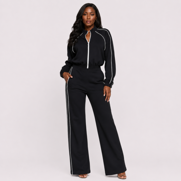 Piping Stripes Front Zip Up Jacket and Pants Set