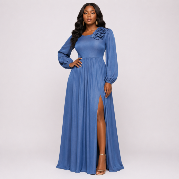 Corsage Attached Long Sleeve Maxi Denim