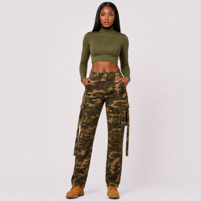 Camo Print Distressed Double Layer Pants