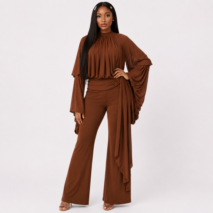 Bell Sleeve Mock Neck Jumpsuit With Drape