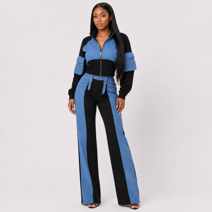 Mixed Media Zip Crop Jacket Pants Set