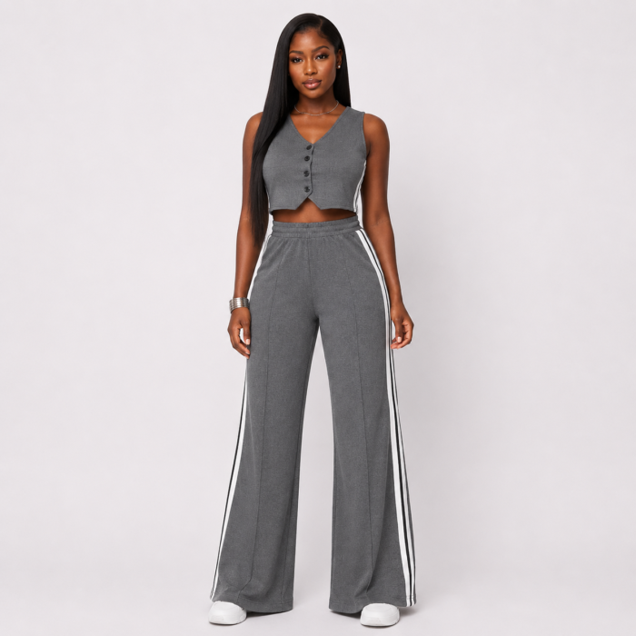 Striped Crop Button-Up Vest Sweat Pants Set