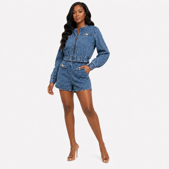 Washed Denim Jacket Pants Set With Crystal Embelli