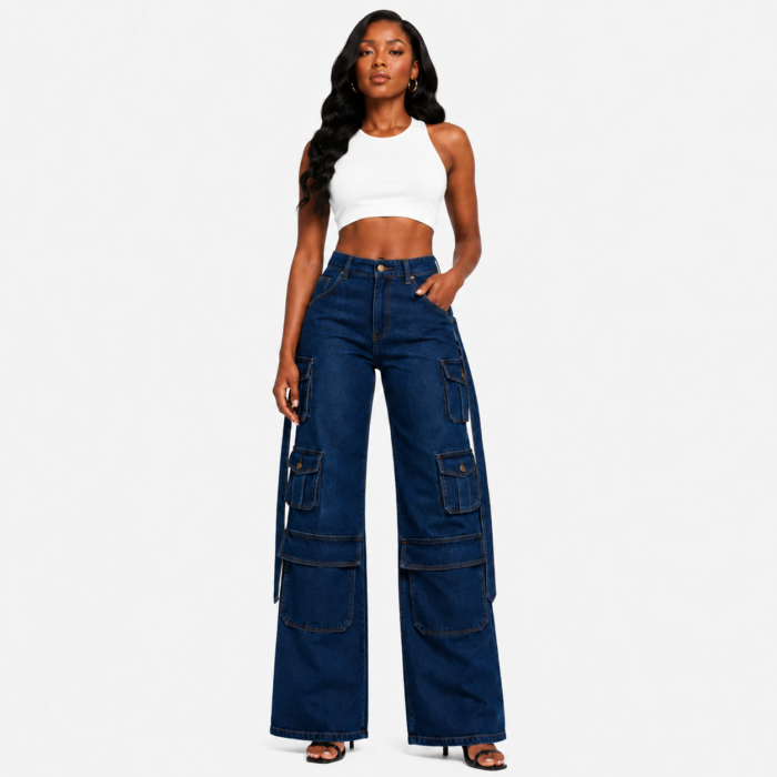 High Rise Multi Pockets Wide Leg Cargo Jeans