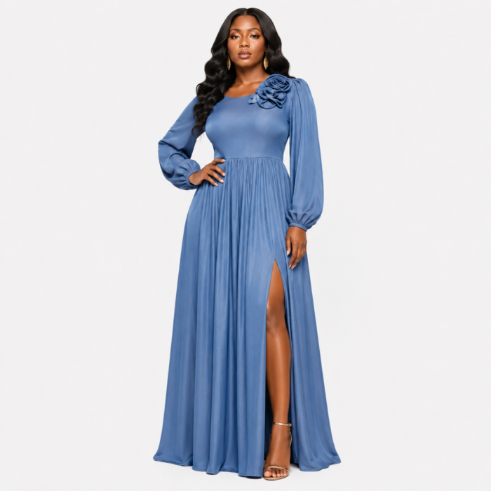 Corsage Attached Long Sleeve Maxi Denim