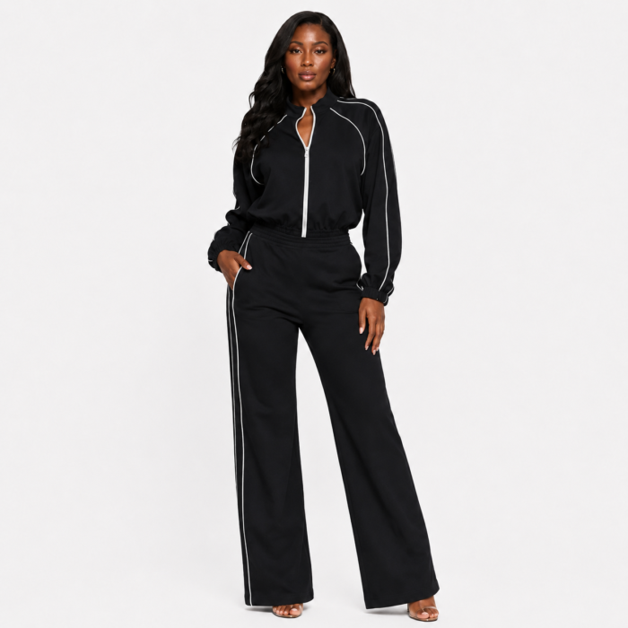 Piping Stripes Front Zip Up Jacket and Pants Set