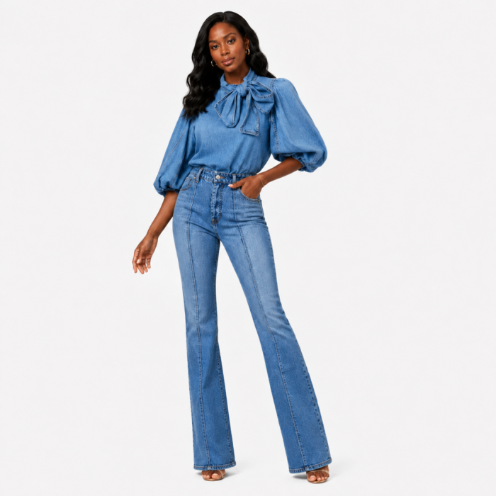 High-Neck Puff Sleeve Denim Top