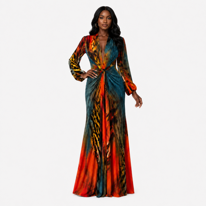 Abstract Print Long Sleeve Maxi Dress