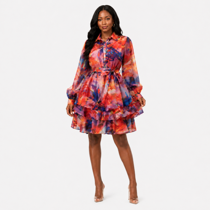 Organza Collar Self Tie Ruffle Tiered Mini Dress