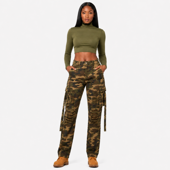 Camo Print Distressed Double Layer Pants