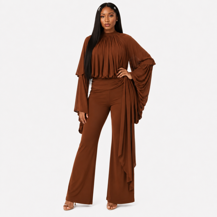 Bell Sleeve Mock Neck Jumpsuit With Drape