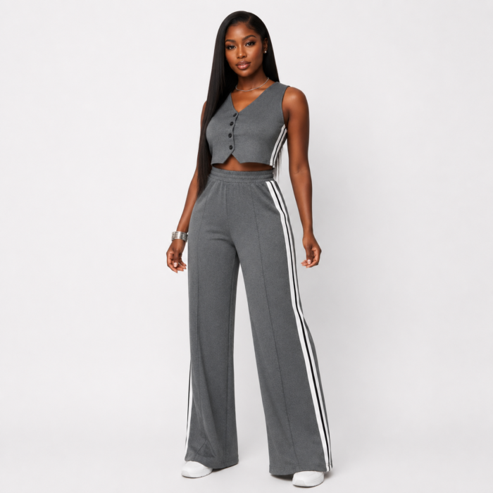 Striped Crop Button-Up Vest Sweat Pants Set