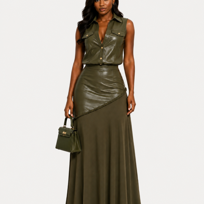 Faux Leather Top with Matching Skirt Set