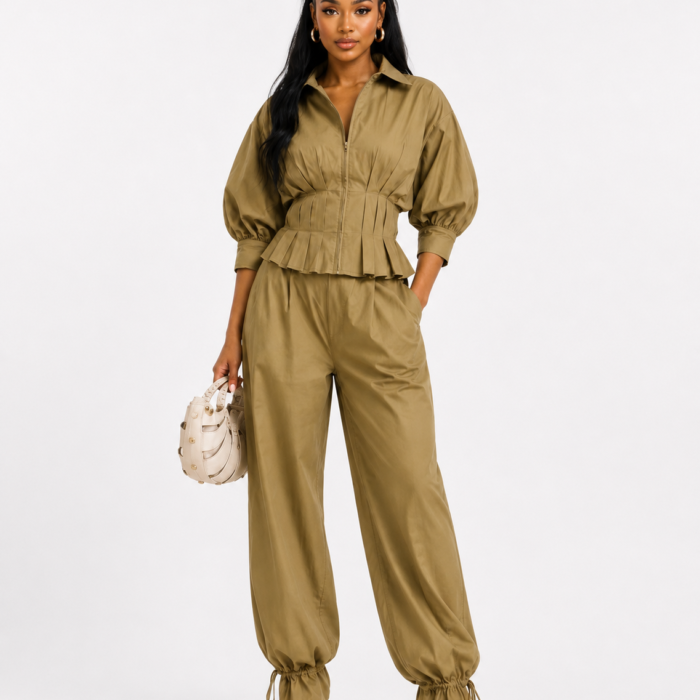 Peplum Blouse with Drawstring Hem Balloon Pant Set