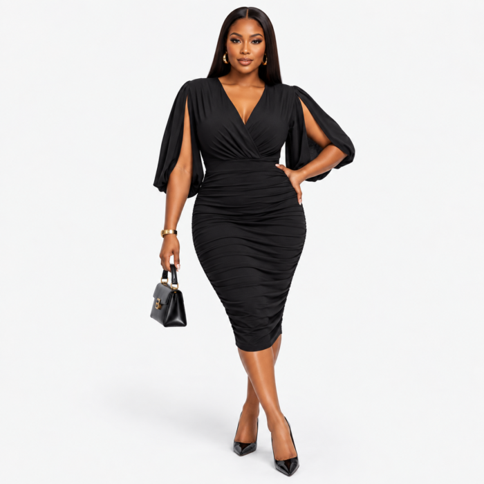 V-Neck Mesh Sleeve Midi Dress