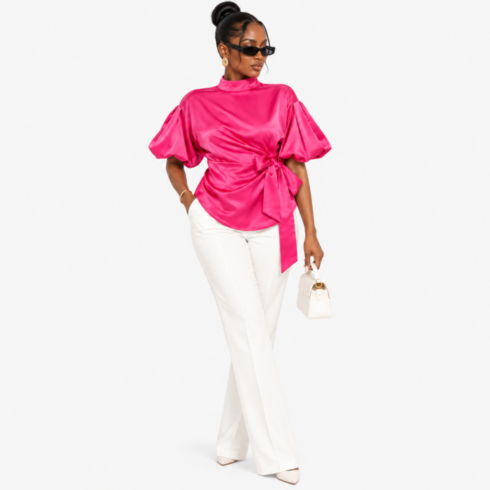 Luxe Satin Mock Neck Puff Sleeve Blouse