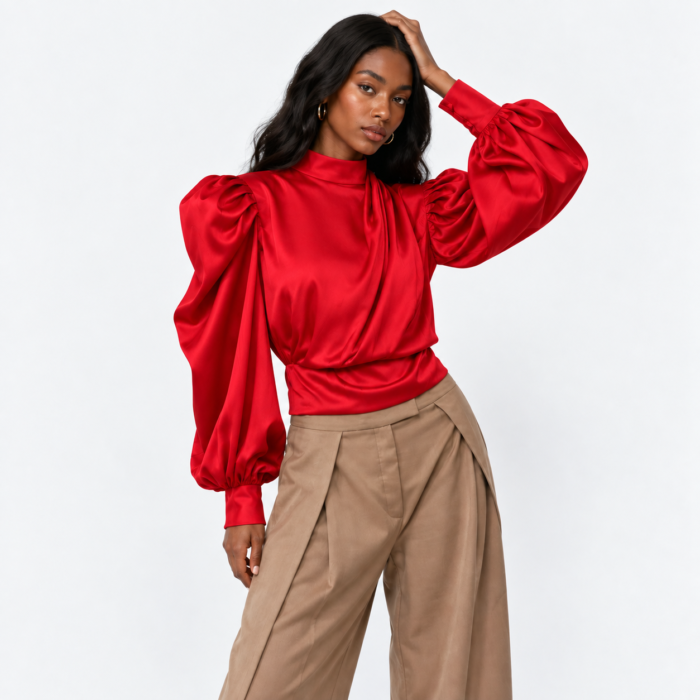 Elegant Draped Puff Sleeve Blouse