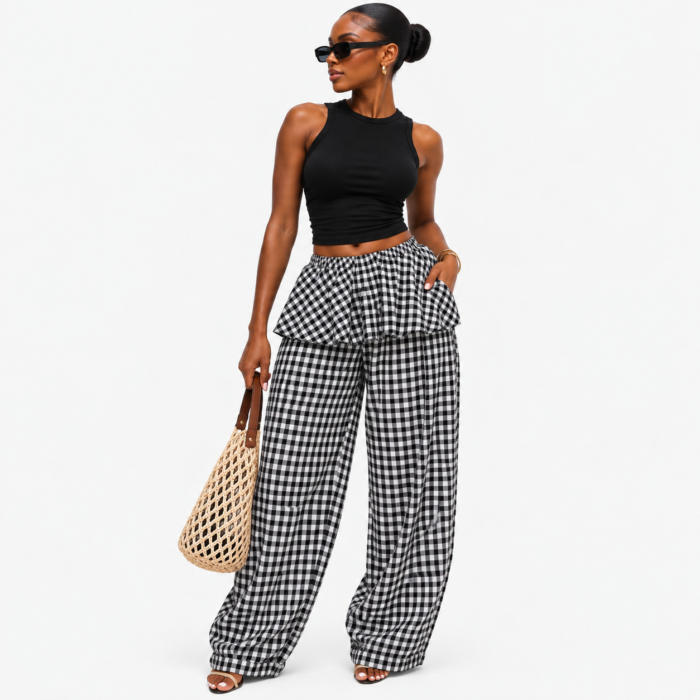 Plaid Ruffle Drawstring Pants