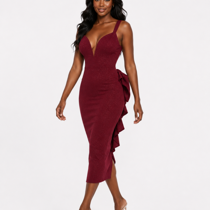 Glitter Bow with Cascading Ruffle Midi Dress